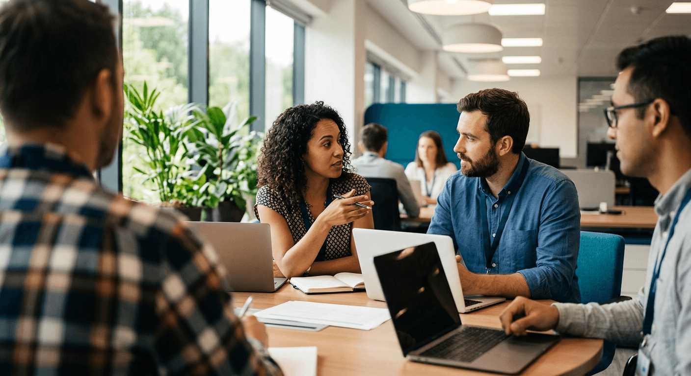Four professionals collaborating around laptops in a modern office, representing the teamwork behind the Knack Systems member announcement.