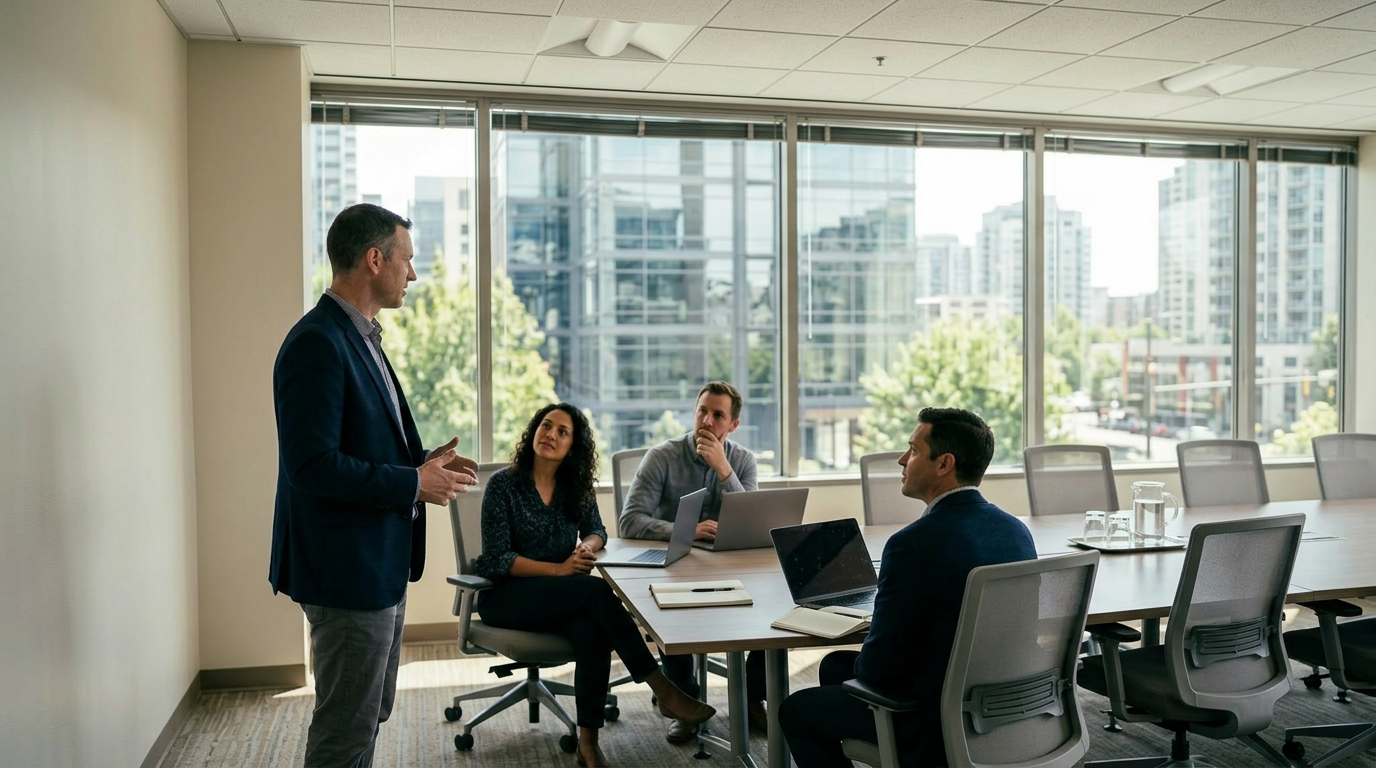 A man in a navy blazer stands and speaks while presenting to two colleagues seated at a conference table with laptops, in a bright office with floor-to-ceiling windows overlooking city buildings and greenery.